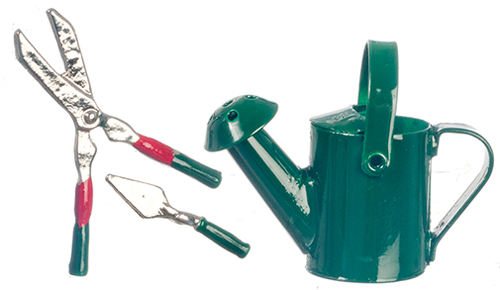Green Watering Can with Garden Tools